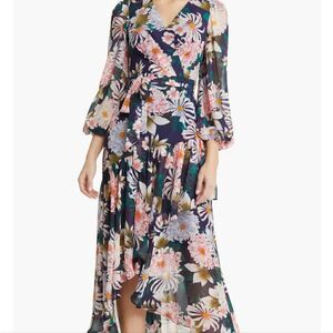 Eliza J Floral Long Sleeve High-Low Faux Wrap Size 2